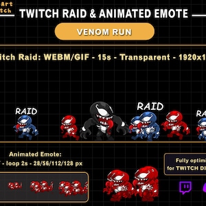 Könnte beinhalten: Ein digitales Grafik für Twitch mit einem Venom-Themen-Raid und animierten Emote. Das Bild zeigt Venom-inspirierte Charaktere in Blau, Rot und Schwarz, mit dem Wort "RAID". Der Text gibt an, dass der Raid 15 Sekunden dauert.