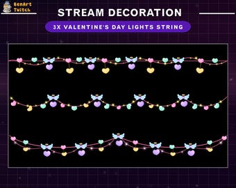 May include: Three Valentine's Day light strings with heart-shaped ornaments in pink, purple, yellow, and teal. Each heart has angel wings. The text at the top reads "STREAM DECORATION" and "3X VALENTINE'S DAY LIGHTS STRING".