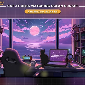 May include: Animated screen featuring a cat silhouette at a desk, gazing out at an ocean sunset. The scene is rendered in shades of purple and pink, with a laptop displaying "Be Right Back." A cozy, aesthetic digital artwork.