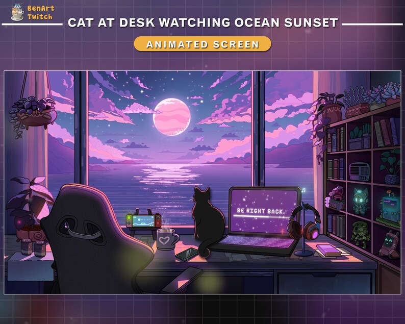 May include: Animated screen featuring a cat silhouette at a desk, gazing out at an ocean sunset. The scene is rendered in shades of purple and pink, with a laptop displaying "Be Right Back." A cozy, aesthetic digital artwork.