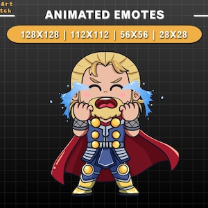 Emote animado do Thor chorando no Twitch, Deus nórdico do trovão com efeitos de Mjolnir e relâmpago, Emote de herói chibi para Twitch, Discord
