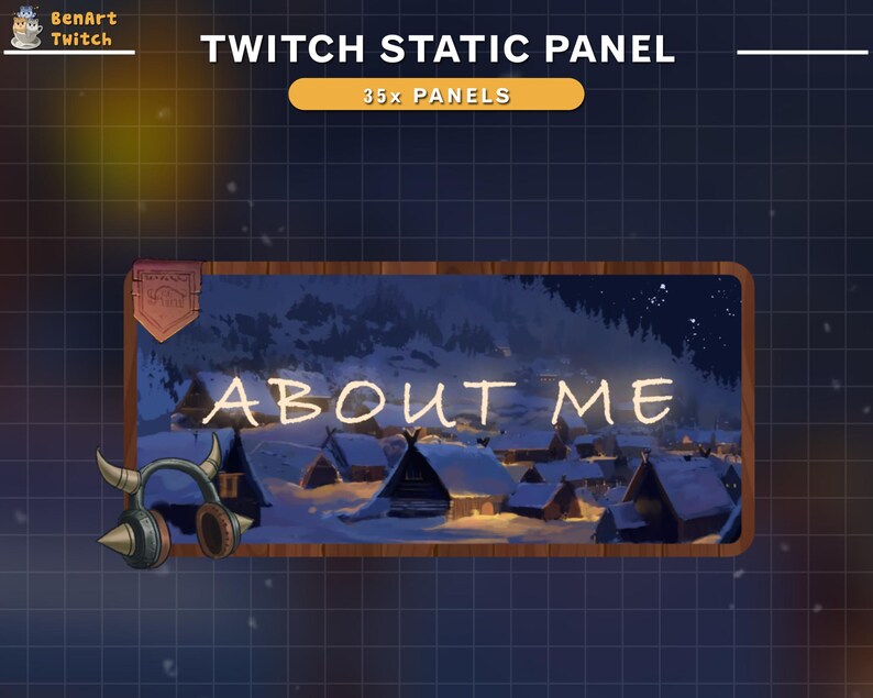 Puede incluir: Un panel est&aacute;tico de Twitch con una escena invernal y el texto "ABOUT ME" en blanco. El panel est&aacute; enmarcado en madera con un fondo marr&oacute;n y un cielo azul claro. El panel es parte de un conjunto de 35 paneles.
