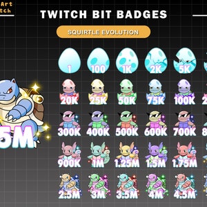 May include: A collection of Twitch Bit Badges featuring Squirtle evolution designs. The badges include images of eggs, baby Squirtles, and Squirtle characters with sunglasses, with numbers ranging from 1 to 5M.