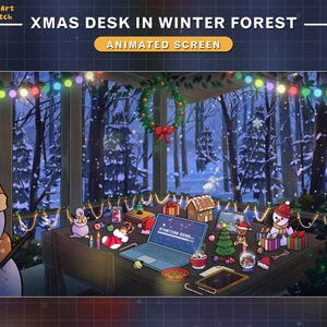 Animated Twitch Overlay Christmas Desk in Winter Forest, Christmas Stream Screen with Laptop, Christmas Lights, Tree, Candle, Snow man...