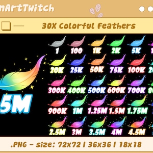30x Kleurrijke Veren Twitch Bit Badges, Rainbow Bit Badges, Complete Twitch Bit Badges Set voor Streamer, Discord