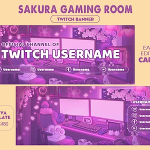 May include: A Twitch banner template featuring a purple and pink gaming room with a sakura theme. The banner includes the text "SAKURA GAMING ROOM" and "TWITCH USERNAME". The banner is easily editable in Canva.