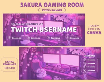 Twitch Banner Template, Sakura Gaming Room with Cherry Blossoms & Cozy Setup, Pink Aesthetic Stream Header, Kawaii Twitch Overlay