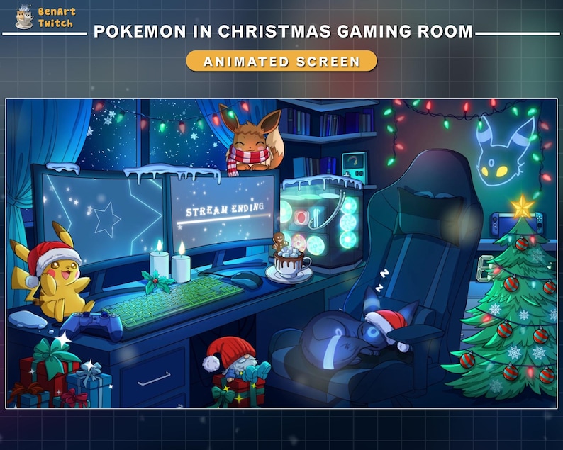 May include: Animated screen depicting a Christmas gaming room with Pok&eacute;mon characters. Pikachu in a Santa hat sits near a desk with a keyboard and monitors displaying a star and "STREAM ENDING." An Eevee wears a scarf, and a Christmas tree is decorated with baubles.