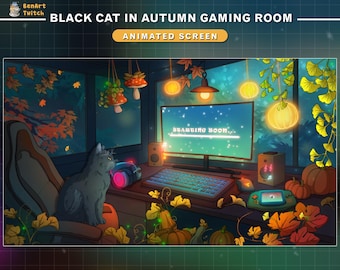 Animated Stream Screen Fall Lofi Desk Black Cat, Autumn Twitch Overlay Green Theme, Aesthetic Twitch Overlay with PC, Maple, Pumpkin...