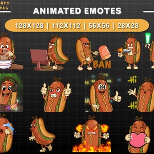 Animated Hotdog Twitch Emote Pack, Kawaii Twitch Emotes with Dancing Emote, Ban Emote, Cheering emote... for Twitch, Discord, Kick Overlay