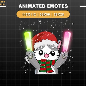 Puede incluir: Emotic&oacute;n animado con un gato de dibujos animados con gorro de Pap&aacute; Noel y bufanda verde y roja, sosteniendo una barra de luz verde y rosa. El texto "ANIMATED EMOTES" est&aacute; en la parte superior, con detalles de tama&ntilde;o debajo. Caen copos de nieve.