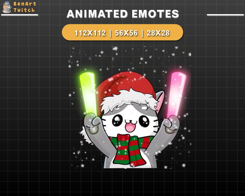 Puede incluir: Emotic&oacute;n animado con un gato de dibujos animados con gorro de Pap&aacute; Noel y bufanda verde y roja, sosteniendo una barra de luz verde y rosa. El texto "ANIMATED EMOTES" est&aacute; en la parte superior, con detalles de tama&ntilde;o debajo. Caen copos de nieve.