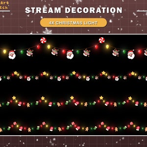 Puede incluir: Cuatro filas de luces navideñas con diferentes decoraciones, incluyendo Santa Claus, renos, estrellas, bastones de caramelo, hombres de jengibre y guantes. Las luces son amarillas y las decoraciones son coloridas. El texto "STREAM DECORATION 4X CHRISTMAS LIGHT" está en la parte superior de la imagen.