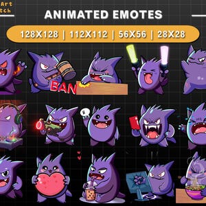 Animated Gengar Twitch Emote Pack, Kawaii Twitch Emotes with Dancing Emote, Ban Emote, Cheering emote... for Twitch, Discord, Kick Overlay