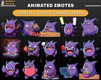 Pack de emoticones animados de Gengar para Twitch, emoticones kawaii para Twitch con emoticón de baile, emoticón de prohibición, emoticón de vítores... para Twitch, Discord y superposición de patadas.