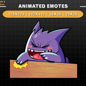 Puede incluir: Personaje de dibujos animados animado de color morado y blanco con la boca muy abierta riendo. El personaje se apoya en una mesa de madera con una estrella amarilla detrás. El texto "ANIMATED EMOTES" está en la parte superior de la imagen. El texto "128X128 | 112X112 | 56X56 | 28X28" está debajo del título.