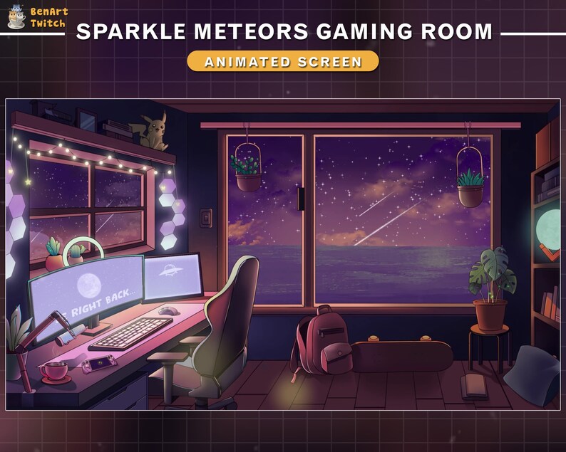 May include: A digital illustration of a gaming room with a desk, two computer monitors, a gaming chair, a backpack, a skateboard, and a window with a view of a starry night sky and the ocean. The text "Sparkle Meteors Gaming Room" and "Animated Screen" is visible at the top of the image.