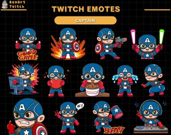 May include: A set of 12 animated Twitch emotes featuring a cartoon Captain America character in various poses and expressions. The emotes include "Good Game", "Hi!!", "Ban", and more.