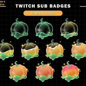Puede incluir: Nueve insignias de suscripción de Twitch animadas que presentan una calabaza con diferentes colores y texturas. El texto "TWITCH SUB BADGES" y "PUMPKIN LIQUID" se encuentra en la parte superior de la imagen.