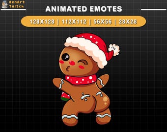 Op de afbeelding: Geanimeerde kerst-emote met een peperkoekmannetje met een kerstmuts en een rode sjaal met witte stippen. De emote knipoogt en blaast een kus. Bovenin staat de tekst "ANIMATED EMOTES".