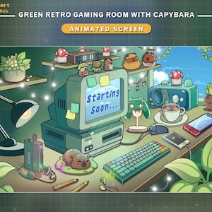 May include: An animated illustration of a green retro gaming room with a capybara theme. The scene includes a vintage computer screen displaying "Starting Soon...", a keyboard, a controller, and various decorative items like mushrooms and plants.