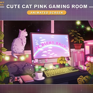 May include: A pink and purple gaming room with a computer screen displaying the text "Be Right Back". There are two cats, one sleeping on a keyboard and one sitting on a windowsill. The room is decorated with fairy lights and plants.
