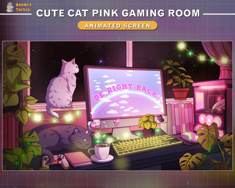 May include: A pink and purple gaming room with a computer screen displaying the text "Be Right Back". There are two cats, one sleeping on a keyboard and one sitting on a windowsill. The room is decorated with fairy lights and plants.