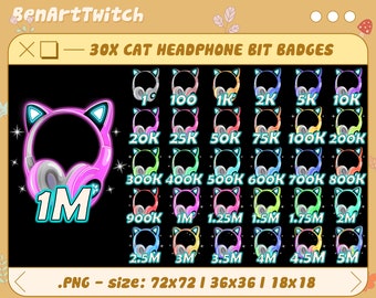 May include: 30 cat headphone bit badges in various colors and sizes, with numbers ranging from 1 to 5 million. The badges feature a cat wearing headphones with glowing neon accents. The text "BenArtTwitch" appears at the top of the image.