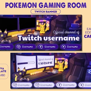 Könnte beinhalten: Digitale Illustration eines Twitch-Banner-Templates für ein Pokemon-Gaming-Zimmer. Das Banner zeigt einen Pikachu-Charakter, Computermonitore und den Text "Pokemon Gaming Room" und "Twitch Banner". Enthält Social-Media-Symbole und den Text "Official channel of username".