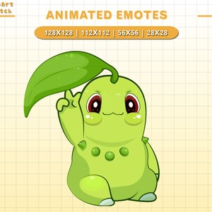 May include: Animated green cartoon character with a large leaf on its head. The character has red eyes, a wide smile, and a green body with three white dots on its belly. The character is sitting on its legs with its arms raised. The background is a yellow grid.