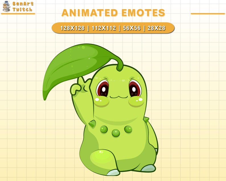May include: Animated green cartoon character with a large leaf on its head. The character has red eyes, a wide smile, and a green body with three white dots on its belly. The character is sitting on its legs with its arms raised. The background is a yellow grid.