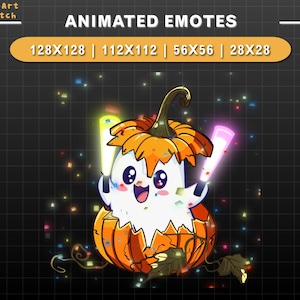 May include: Animated emote featuring a cartoon pumpkin character with a happy expression, holding glowing light sticks. The pumpkin is orange and white, with a green stem and confetti. Text at the top reads "ANIMATED EMOTES" with size options.