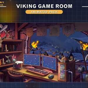 Puede incluir: Una sala de juegos con tem&aacute;tica vikinga con dos monitores de ordenador, un escritorio de madera y una ventana con vistas a un pueblo nevado. La habitaci&oacute;n est&aacute; decorada con s&iacute;mbolos vikingos y un cartel de madera que dice "VIKING GAME ROOM ANIMATED PACK".