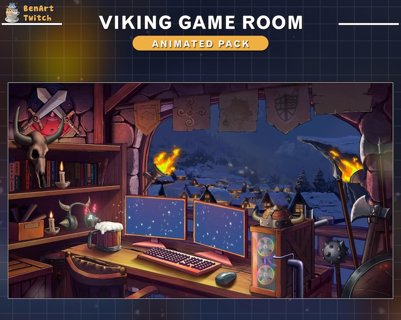 Puede incluir: Una sala de juegos con tem&aacute;tica vikinga con dos monitores de ordenador, un escritorio de madera y una ventana con vistas a un pueblo nevado. La habitaci&oacute;n est&aacute; decorada con s&iacute;mbolos vikingos y un cartel de madera que dice "VIKING GAME ROOM ANIMATED PACK".