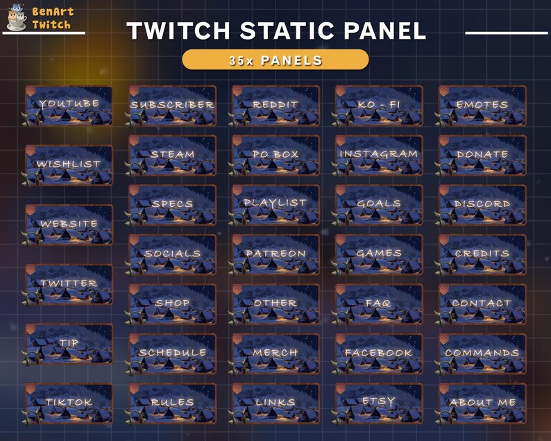 Puede incluir: Un conjunto de 35 paneles est&aacute;ticos de Twitch con un tema invernal. Cada panel presenta un tema diferente, como YouTube, Suscriptor, Reddit, KO-FI, Emojis, Lista de deseos, Stream, Apartado de correos, Instagram, Donar, Sitio web, Especificaciones, Lista de reproducci&oacute;n, Metas, Discord, Redes sociales, Patreon, Juegos, Cr&eacute;ditos, Twitter, Tienda, Otros, Preguntas frecuentes, Contacto, Propina, Horario, Mercanc&iacute;a, Facebook, Comandos, TikTok, Reglas, Enlaces, Etsy y Acerca de m&iacute;.