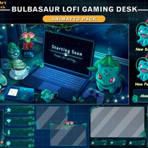 Peut inclure: Illustration numérique d'un bureau de jeu sur le thème de Bulbasaur. La scène comprend un ordinateur portable affichant "Starting Soon", une manette et diverses superpositions animées. La palette de couleurs est dominée par le bleu et le vert, avec des accents floraux.