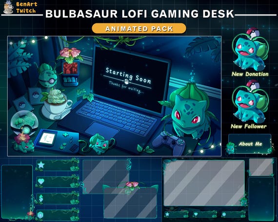 Bulbasaur Animated Twitch Overlay Pack, Cozy Lofi Gaming Desk Stream Package, Cute Pokémon Twitch Layout for Streamers