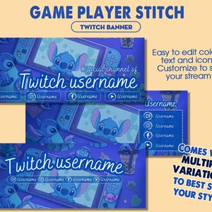 May include: A blue Twitch banner design featuring the character Stitch, a video game console, and the text "Twitch username." The banner includes social media icons and the text "Game Player Stitch."
