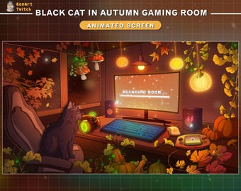 Animated Stream Screen Autumn Lofi Desk Black Cat, Fall Twitch Overlay, Aesthetic Twitch Overlay, Cozy Room with PC, Maple, Pumpkin...