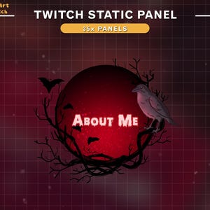 May include: A red and black Twitch static panel with a spooky theme. The panel features a red moon with the text "ABOUT ME" in white. The moon is surrounded by black branches with bats and a crow.