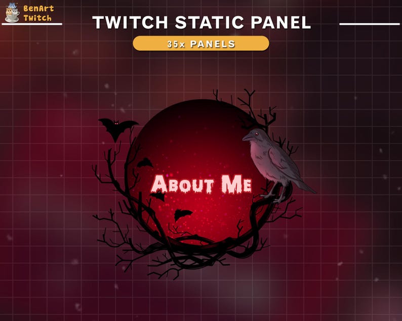May include: A red and black Twitch static panel with a spooky theme. The panel features a red moon with the text "ABOUT ME" in white. The moon is surrounded by black branches with bats and a crow.