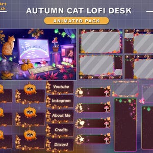 Op de afbeelding: Geanimeerd Twitch-stream overlay-pakket met een herfstthema. De overlay toont een kat die op een bureau zit met een computer, een pompoen en herfstbladeren. De overlay bevat ook verschillende panelen voor verschillende doeleinden, zoals YouTube, Instagram, Over mij, Credits en Discord.