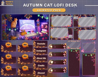 Animated Stream Package Autumn Cat Lofi Desk, Fall Twitch Overlay, Aesthetic Twitch Overlay, Cozy Room Screens...
