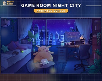 Écrans Twitch animés dans une chambre d'ordinateur confortable, écrans de diffusion en continu dans une chambre lo-fi, superposition de Twitch rétro, diffusion à partir de bientôt, BRB, fin de diffusion