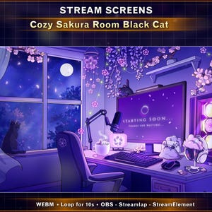 May include: Digital art of a cozy room with a black cat, cherry blossoms, and a computer setup. The screen displays "Starting Soon." The room is illuminated with purple and blue hues, creating a relaxing atmosphere. The text "Cozy Sakura Room Black Cat" is at the top.