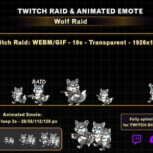 Animowany, fajny alert rajdu z wilkiem na Twitchu, emotikony wilka na Twitchu dla streamerów, nowy GIF rajdu na Twitchu Discord