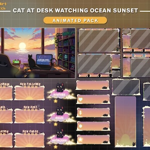 Pacote de transmissão animada Gato na mesa observando o pôr do sol no oceano Tema do dia, sobreposição estética do Twitch com gato preto, plantas aconchegantes