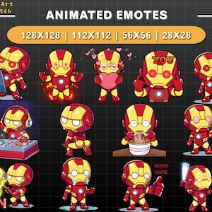 Pacote de Emotes Animados do Homem de Ferro, Emotes Chibi de Super-heróis Twitch e Discord, Robô Gamer com Amor, Raiva, GG, Ban, DJ, Sabres de Luz