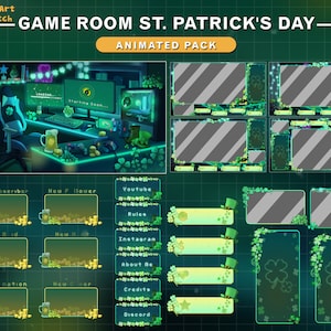 Animated Twitch Overlay Package Clover PC Room, Patrick&#39;s Day Game Room Stream Package, Green Twitch Overlay for Streamer, Vtuber