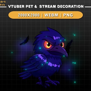 Puede incluir: Ilustración digital de un cuervo de dibujos animados con ojos naranja brillante y detalles morados. El cuervo se encuentra sobre un fondo oscuro con destellos verdes y azules. El texto en la parte superior dice "VTUBER PET & STREAM DECORATION".